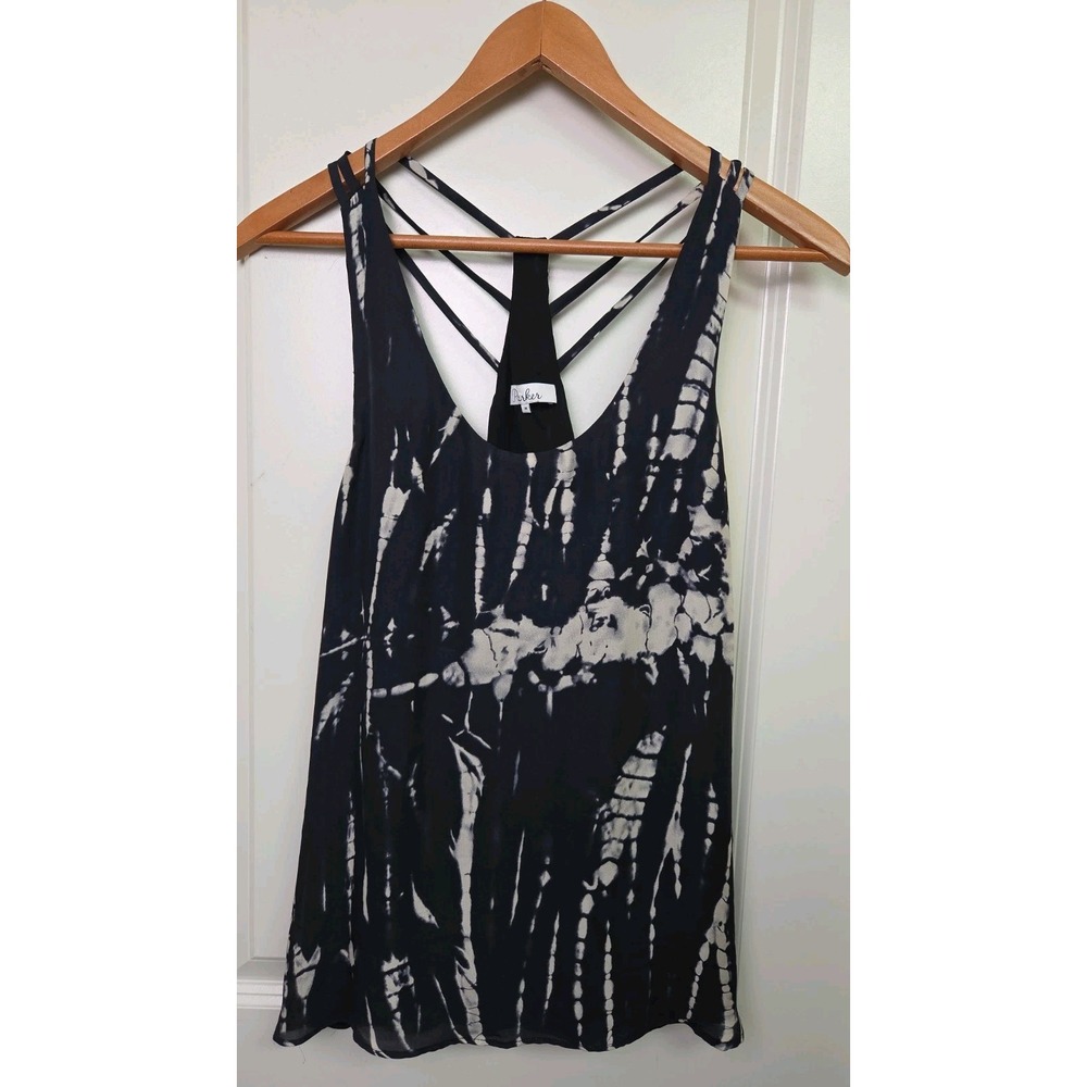 Parker 100% Silk Strappy Cami Tank Top Women's Medium Tie Dye Black Racerback